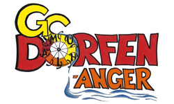 Das Bild zeigt eine bunte schriftliche Darstellung mit den Worten "GS Dorfen-Anger", wobei das "O" in "Dorfen" als Rad mit den Buchstaben "Am Mühl-" gestaltet ist.