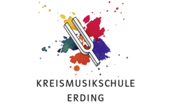 Im Bild ist eine weiße Stimmgabel auf bunten Farbklecksen. Unten im Bild steht in Druckbuchstaben "Kreismusikschule Erding".