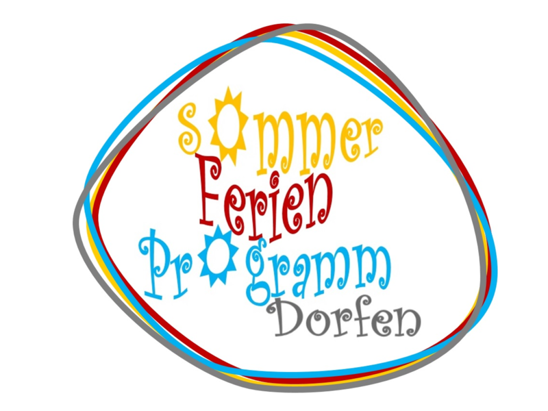Das Bild zeigt den Schriftzug "Sommerferienprogramm Dorfen" in bunten, verspielten Buchstaben mit einer ovalen Umrandung in mehreren Farben.