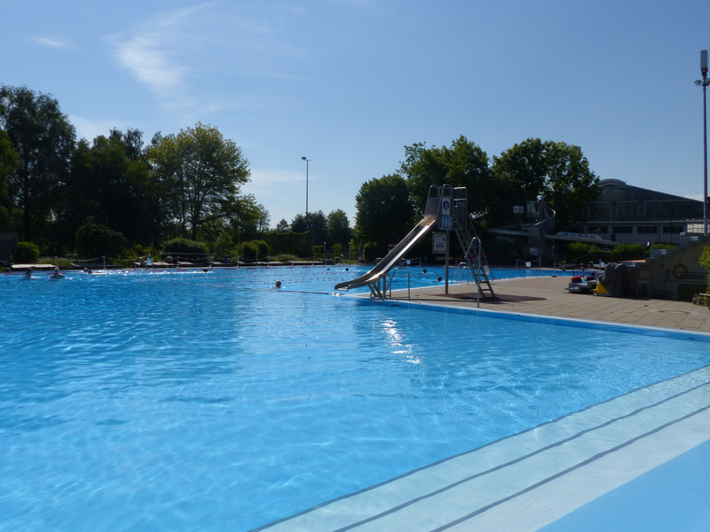 Ein Schwimmbad mit einer Rutsche an der Seite, umgeben von Bäumen.