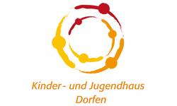 Das Bild zeigt ein Logo mit einem stilisierten, bunten Kreis aus mehreren Punkten und Strichen, darunter der Schriftzug "Kinder- und Jugendhaus Dorfen".