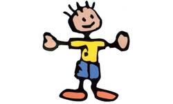Das Bild zeigt eine farbenfrohe Kinderzeichnung einer Figur mit gelbem Oberteil, blauen Hosen und roten Schuhen, ergänzt durch schwarze Umrisse und eine fröhlich lächelnde Mimik.