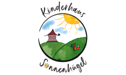 Das Bild zeigt ein gemaltes Logo mit einem sonnigen Hügel, einem Haus, einem Fuchs und einem Vogel, umrahmt von den Worten "Kinderhaus Sonnenhügel".