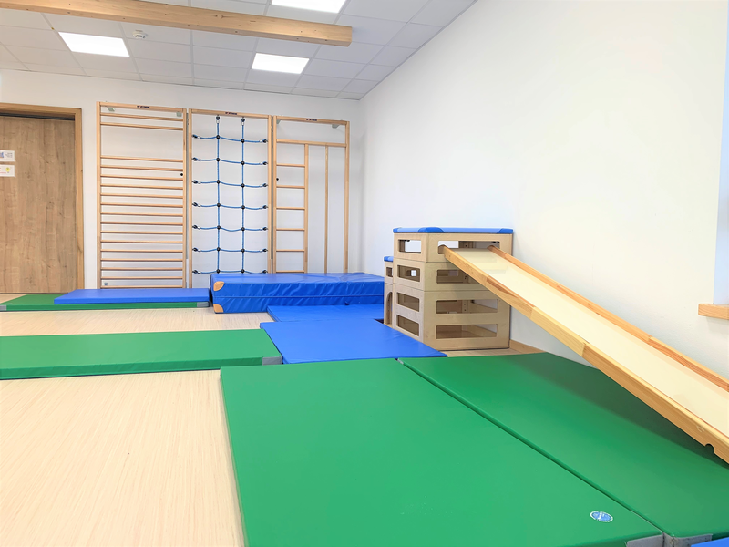 Ein heller Raum mit Sportgeräten besteht aus Holzsprossenwänden, einer Kletterwand, einer Rutsche und gepolsterten Matten in Grün und Blau.