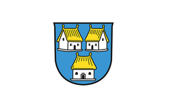 Das Wappen zeigt auf blauem Hintergrund drei weiße Häuser mit goldenen Dächern, von denen zwei oben nebeneinander und eines unten zentral platziert sind.