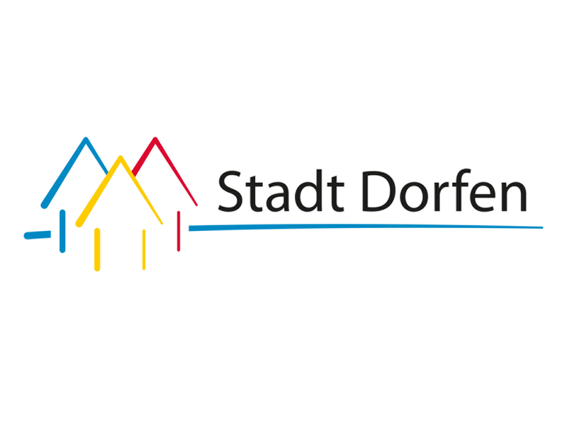 Das Bild zeigt das Logo der Stadt Dorfen mit stilisierten Häusern in Blau, Gelb und Rot neben dem Schriftzug "Stadt Dorfen".