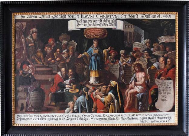 Christus vor dem Hohen Rat: Das Gemälde zeigt eine Gruppe von Menschen in historischer Kleidung, die um eine zentral stehende, predigende Figur versammelt sind, während rechts davon eine leidende Person sitzt.