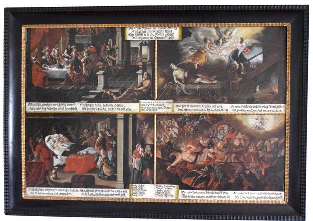 Lazarus und der reiche Prasser: Das Bild zeigt ein mehrteiliges Gemälde, das biblische Szenen mit Schriftzügen illustriert, darunter Menschen an einem Tisch, himmlische Gestalten und dramatische, feurige Darstellungen.