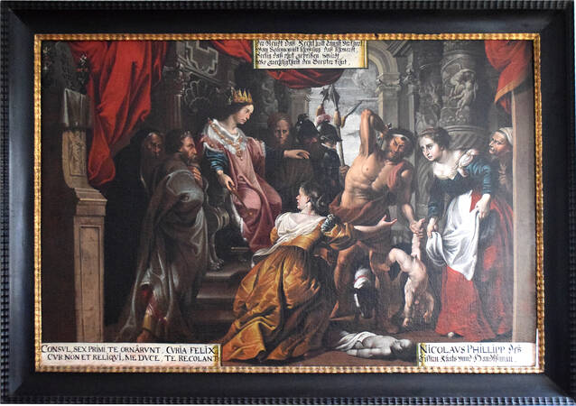Salomons Urteil: Das Gemälde zeigt eine dramatische Szene mit mehreren Figuren in historischer Kleidung, darunter ein gekrönter Mann auf einem Thron, umgeben von Soldaten, Liedern und einem kleinen Kind.