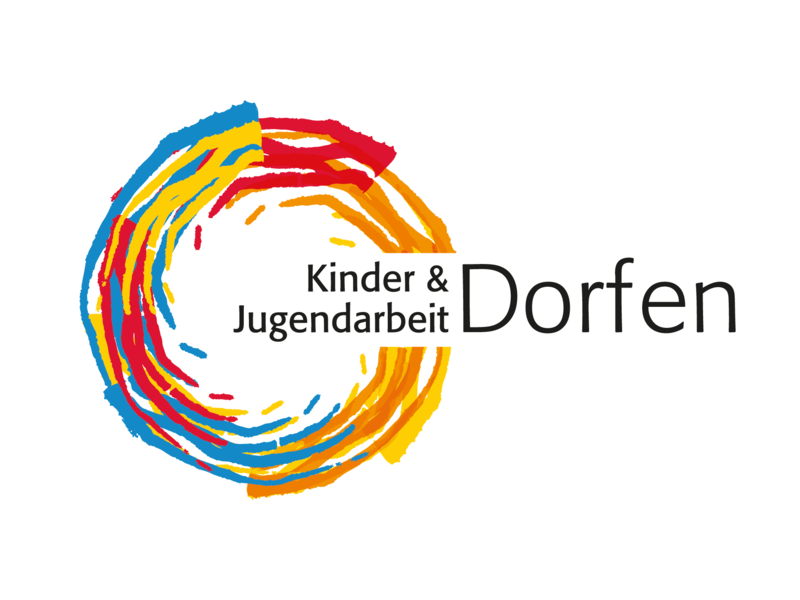 Das Bild zeigt ein buntes Logo mit ineinander verschlungenen Linien in Blau, Rot und Gelb, neben dem die Worte "Kinder & Jugendarbeit Dorfen" stehen.