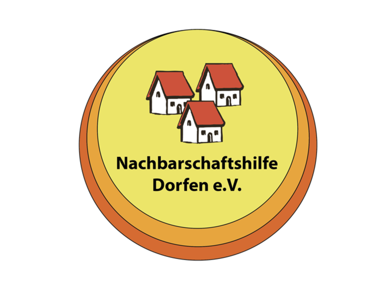 Das Bild zeigt ein Logo der Nachbarschaftshilfe Dorfen e.V. mit drei kleinen Häusern und einem gelben Hintergrund.