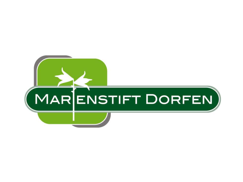 Das Bild zeigt ein Logo mit einem grünen Hintergrund, zwei stilisierten weißen Blumen und dem Text "MARIENSTIFT DORFEN" in weißer Schrift.