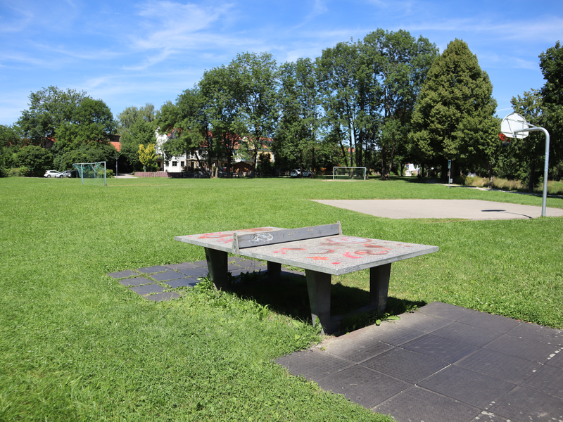Ein Tischtennistisch steht auf einer grünen Wiese in einem Park, umgeben von Bäumen, Streeballplatz und Fußballtoren.