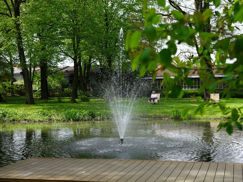 Teich mit Steg und Springbrunnen in der Mitte.