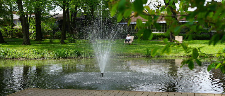 Foto vom Stadtpark Dorfen mit Wasserspiel im See