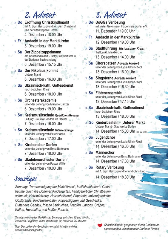 Ein Flyer listet Veranstaltungen für den 2. und 3. Advent auf, einschließlich Eröffnung, Gottesdienste, Konzerte und Kinderaktivitäten.