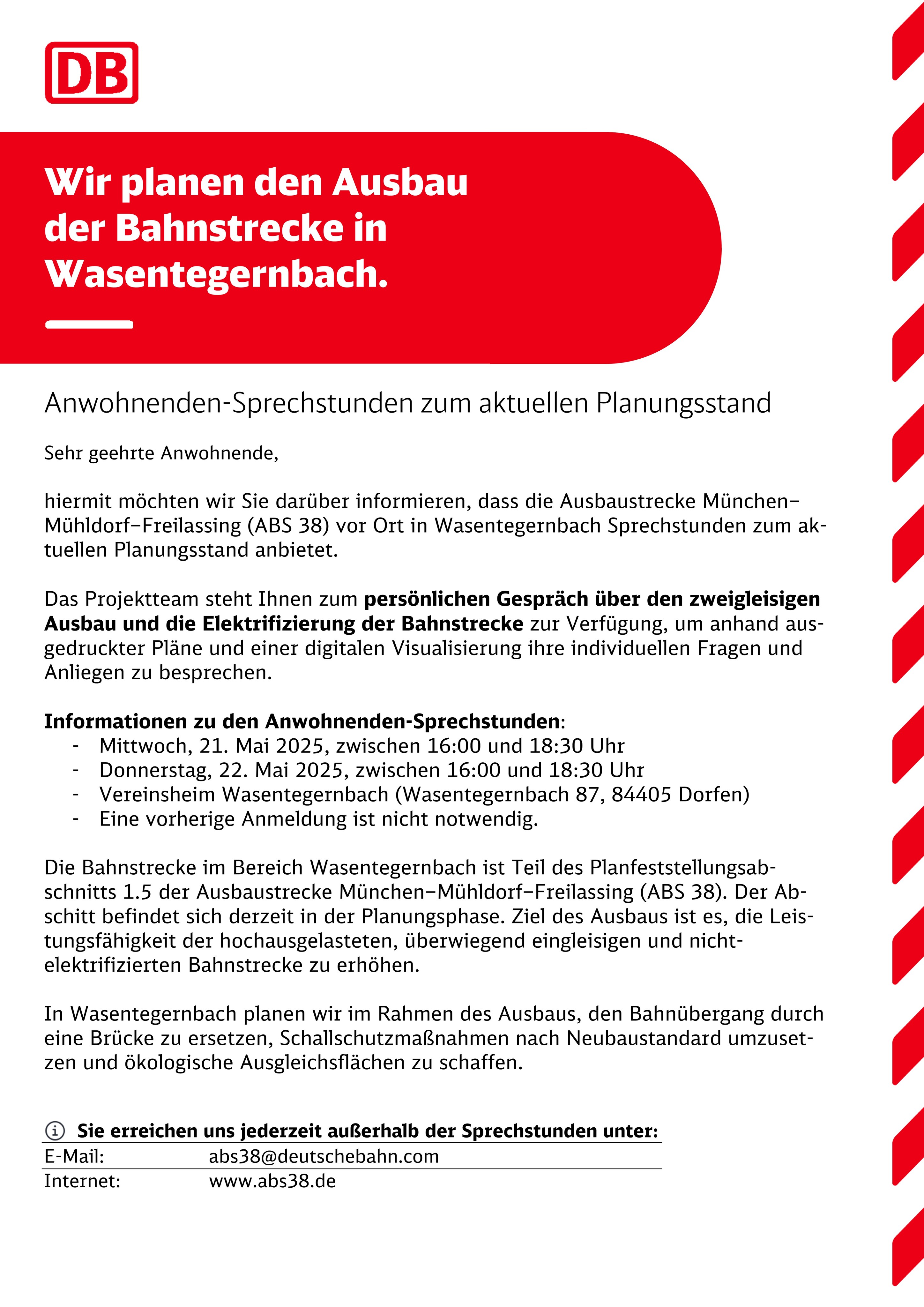 Sprechstunde zum aktuellen Planungsstand ABS 38 Wasentegernbach